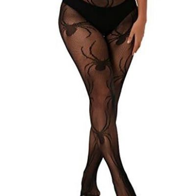 Spiders Pattern Fishnet Tights Womens Black Sexy High Waist Spider Print Net